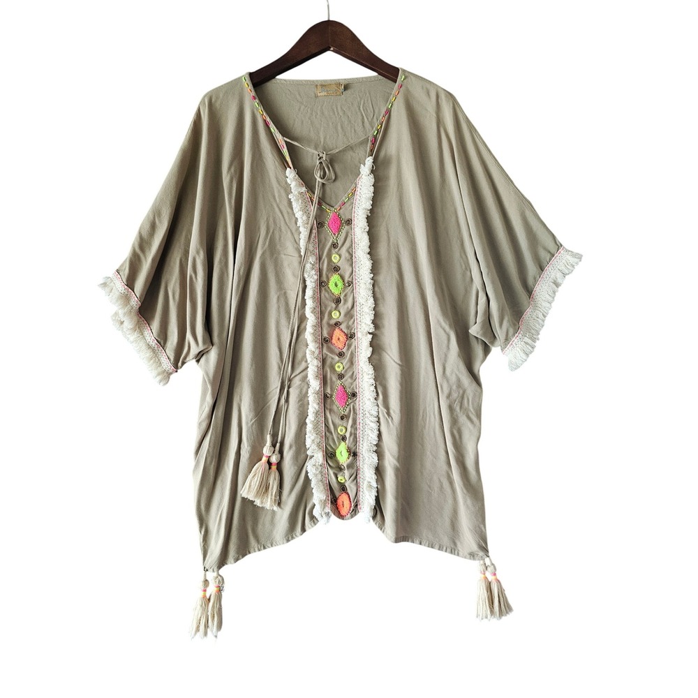 Skemo Boho Tunic Top Womens‎ Medium Tassels Fringe Trim Beach Cover Up Brown M